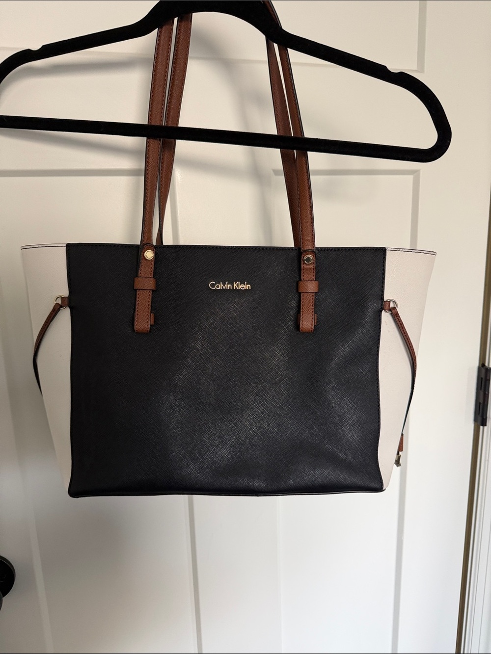 Calvin Klein Black and Cream Colorblock Tote with Brown Straps
